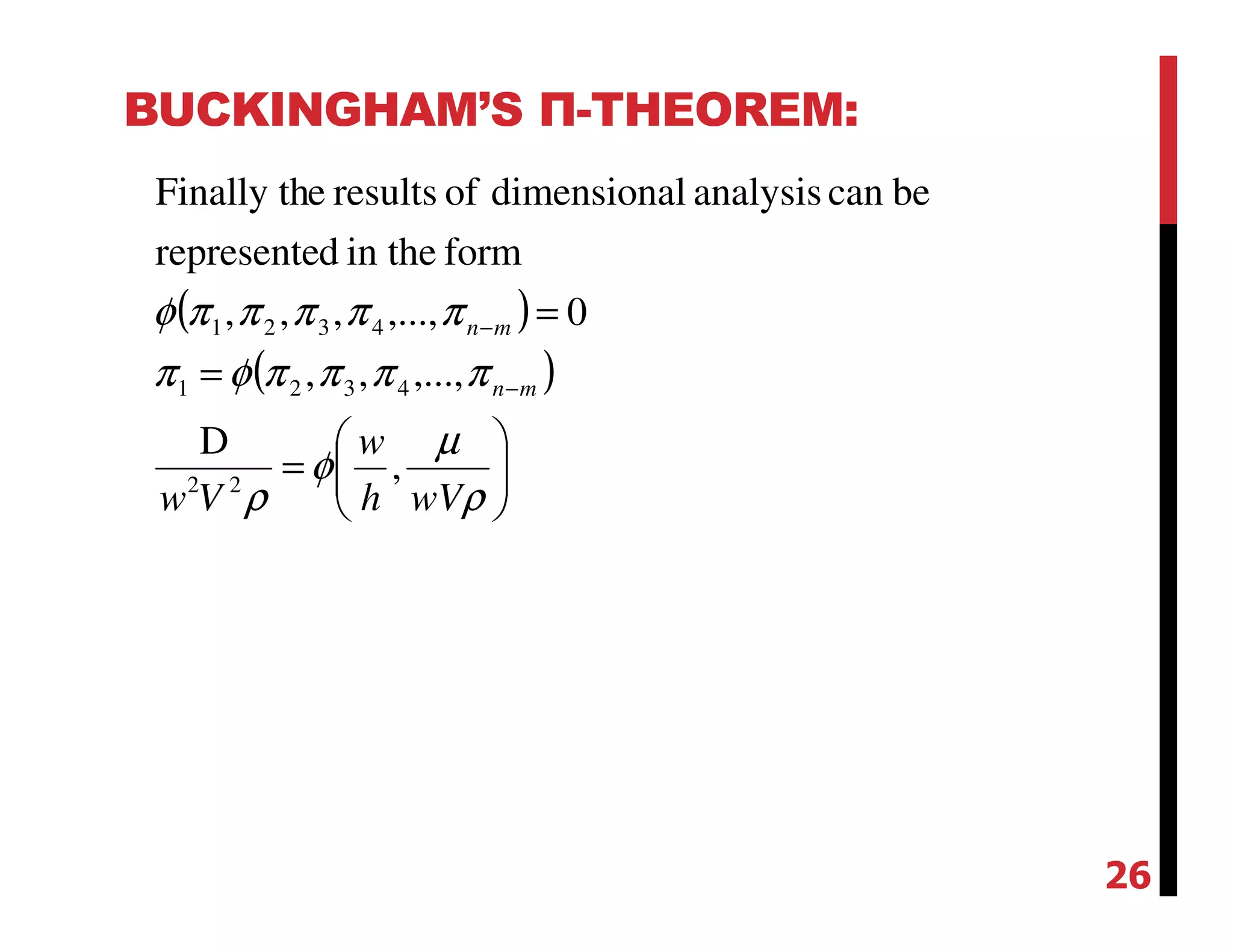 BUCKINGHAM’S Π-THEOREM:
( )
( )






=
=
=
−
−
ρ
µ
φ
ρ
ππππφπ
πππππφ
wVh
w
Vw
mn
mn
,
D
,...,,,
0,...,,,,
formin thedrepresente
becananalysisldimensionaofresultseFinally th
22
4321
4321
26
 