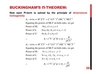 BUCKINGHAM’S Π-THEOREM:
Now each Pi-term is solved by the principle of dimensional
homogeneity
1 1 1 3 1 2
1
1 1
1 1 1 1
1 1
( ) ( )
Equating the powers of MLT on both sides, we get
Power of M: 0=c +1 c =-1
Power of L: 0=a +b -3c +1 2
Power of T: 0=-b -2 b =-2
o o o a b c
term M L T L LT ML MLT
a
π − − −
− ⇒ =
⇒
⇒ = −
⇒
∴ -2 -2 -2
1 1 2 2
2 1 2 3 2 1 1
2
2 2
2 2 2 2
( ) ( )
Equating the powers of MLT on both sides, we get
Power of M: 0 1 -1
Power of L: 0 -3 -1 1
Pow
o o o a b c
R
l V R
L V
term M L T L LT ML ML T
c c
a b c a
π ρ π
ρ
π − − − −
= ⇒ =
− ⇒ =
= + ⇒ =
= + ⇒ = −
2 2
-1 -1 -1
2 2
er of T: 0 - -1 -1b b
l V
lV
µ
π ρ µ π
ρ
= ⇒ =
∴ = ⇒ =
20
 