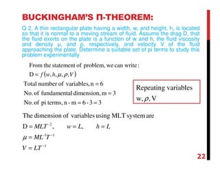 BUCKINGHAM’S Π-THEOREM:
Q 2. A thin rectangular plate having a width, w, and height, h, is located
so that it is normal to a moving stream of fluid. Assume the drag D, that
the fluid exerts on the plate is a function of w and h, the fluid viscosity
and density µ, and ρ, respectively, and velocity V of the fluid
approaching the plate. Determine a suitable set of pi terms to study this
problem experimentally
( )Vhwf ,,,,D
:can writeweproblem,ofstatementtheFrom
ρµ=
33-6m-nterms,piofNo.
3mdimension,lfundamentaofNo.
6n,variablesofnumberTotal
==
=
=
V,w,
variablesRepeating
ρ
1
11
2
,,D
aresystemMLTusingvariablesofdimensionThe
−
−−
=
=
===
LTV
TML
LhLwMLT -
µ
22
 