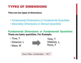 TYPES OF DIMENSIONS
There are two types of dimensions
• Fundamental Dimensions or Fundamental Quantities
• Secondary Dimensions or Derived Quantities
Fundamental Dimensions or Fundamental Quantities:
These are basic quantities. For Example;
• Time, T
• Distance, L
• Mass, M
Time, T
Distance, L,
Force, F
Force=Mass x Acceleration = MLT-2
6
 
