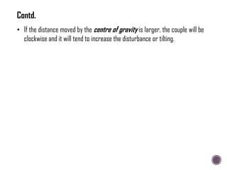 • If the distance moved by the centre of gravity is larger, the couple will be
clockwise and it will tend to increase the disturbance or tilting.
Contd.
 
