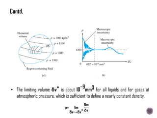 • The limiting volume δv∗ is about 10
−9
mm3 for all liquids and for gases at
atmospheric pressure. which is sufficient to define a nearly constant density.
ρ= lim
δv→δv
∗
δm
δv
Contd.
 