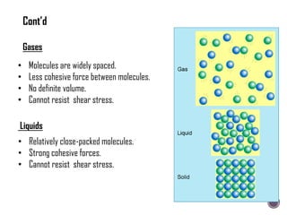 Gases
• Molecules are widely spaced.
• Less cohesive force between molecules.
• No definite volume.
• Cannot resist shear stress.
• Relatively close-packed molecules.
• Strong cohesive forces.
• Cannot resist shear stress.
Liquids
Cont’d
 