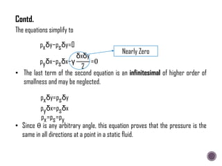 The equations simplify to
pxδy−psδy=0
pyδx−psδx−γ
δxδy
2
=0
• The last term of the second equation is an infinitesimal of higher order of
smallness and may be neglected.
pxδy=psδy
Nearly Zero
pyδx=psδx
px=ps=py
• Since θ is any arbitrary angle, this equation proves that the pressure is the
same in all directions at a point in a static fluid.
Contd.
 