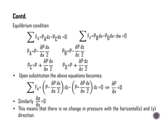 Fx=PAdz−PCdz =0
Equilibrium condition
Fz=PBdx−PDdx−dw =0
PA=P−
∂P
∂x
dx
2
PB=P−
∂P
∂z
dz
2
PC=P +
∂P
∂x
dx
2
PD=P +
∂P
∂z
dz
2
• Upon substitution the above equations becomes.
Fx= P−
∂P
∂x
dx
2
dz− P+
∂P
∂x
dx
2
dz =0 ⇒
∂P
∂x
=0
• Similarly
∂p
∂y
=0
• This means that there is no change in pressure with the horizontal(x) and (y)
direction.
Contd.
 