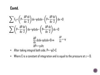 Fz= P−
∂P
∂z
dz
2
dx−γdzdx− P+
∂P
∂z
dz
2
dx =0
P−
∂P
∂z
dz
2
dx−γdzdx− P+
∂P
∂z
dz
2
dx =0
∂P
∂z
dzdx-γdzdx=0⇒
∂P
∂z
=−γ
∂P=−γ∂z
• After taking integral both side, P=−γZ+C
• Where C is a constant of integration and is equal to the pressure at z = 0.
Contd.
 