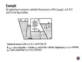 By neglecting air pressure, calculate the pressure, in kPa ( gauge) , at A, B, C
and D in the figure bellow.
Patm
 