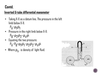 Inverted U-tube differential manometer
• Taking X-X as a datum line. The pressure in the left
limb below X-X:
PA−ρ1gh1
• Pressure in the right limb below X-X:
PB−ρ2gh2−ρsgh
• Equating the two pressure:
PA−PB=ρ1gh1−ρ2gh2−ρsgh
• Where ρs, is density of light fluid.
Contd.
 