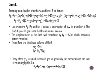 Starting from level in chamber A and level 3 as datum
PB=PA+ y1+∆y γ1 + y2+y3−∆y ×y2 − 2y3×γ3 − y2−y3+∆y ×γ2 −{(y1−∆y)×γ1}
PB =PA −{ 2×y3× γ3−γ2 +2∆y×(γ2−γ1)}
• Let pressure PA>PB and let it cause a depression of ∆y in chamber A. The
fluid displaced goes into the U tube limb of area a.
• The displacement in the limb will therefore by (y × A/a) which becomes
better readable.
• There fore the displaced volume of fluid:
ay3=∆yA
∆y= (a A)y3
PA−PB=2×y3×[γ3−γ2×{1−( a A)}]
• Very often γ1 is small (because gas is generally the medium) and the last
term is negligible. So
Contd.
 