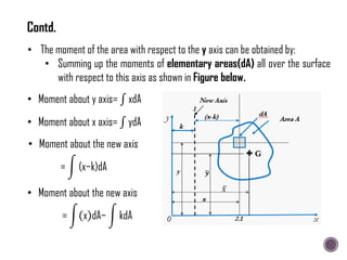 • Moment about y axis= xdA
• Moment about x axis= ydA
• The moment of the area with respect to the y axis can be obtained by:
• Summing up the moments of elementary areas(dA) all over the surface
with respect to this axis as shown in Figure below.
• Moment about the new axis
= (x−k)dA
• Moment about the new axis
= x dA− kdA
Contd.
 
