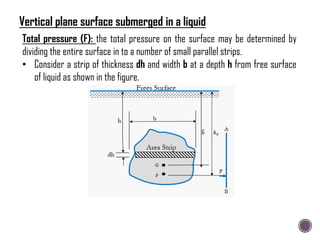 Total pressure (F): the total pressure on the surface may be determined by
dividing the entire surface in to a number of small parallel strips.
• Consider a strip of thickness dh and width b at a depth h from free surface
of liquid as shown in the figure.
Vertical plane surface submerged in a liquid
 