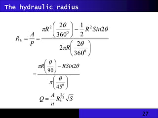 27
The hydraulic radius















0
2
0
2
360
2
2
2
2
1
360
2





R
Sin
R
R
P
A
Rh














0
45
2
90




 RSin
R
S
R
n
A
Q h
3
2

 