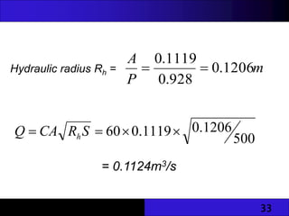 33
Hydraulic radius Rh = m
P
A
1206
.
0
928
.
0
1119
.
0


500
1206
.
0
1119
.
0
60 


 S
R
CA
Q h
= 0.1124m3/s
 