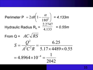 35
Perimeter P 






 0
180
1
2

R = 4.133m
Hydraulic Radius Rh =
133
.
4
2747
.
2
= 0.55m
From Q = RS
AC
2042
1
10
8964
.
4
55
.
0
4489
17
.
5
25
.
6
4
2
2
2








R
C
A
Q
S
 
