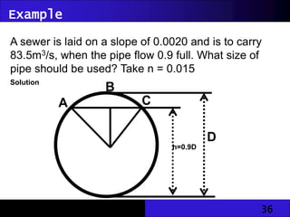 36
Example
A sewer is laid on a slope of 0.0020 and is to carry
83.5m3/s, when the pipe flow 0.9 full. What size of
pipe should be used? Take n = 0.015
Solution
A
B
h=0.9D
D
C
 