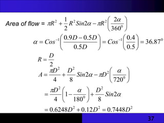 37
Area of flow = 






 0
2
2
2
360
2
2
2
1 


 R
Sin
R
R
2
D
R 
2
2
2
2
0
2
0
2
2
2
7448
.
0
12
.
0
6248
.
0
2
8
180
1
4
720
2
8
4
D
D
D
Sin
D
D
D
Sin
D
D
A




























0
1
1
87
.
36
5
.
0
4
.
0
5
.
0
5
.
0
9
.
0













 
 

Cos
D
D
D
Cos

 