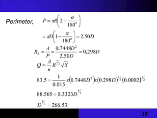 38
Perimeter,
D
D
R
P
50
.
2
180
1
180
2
0
0





















D
D
D
P
A
Rh 298
0
50
2
7448
0 2
.
.
.



     
53
.
266
3323
.
0
565
.
88
0002
.
0
298
.
0
7448
.
0
015
.
0
1
5
.
83
3
8
3
8
2
1
3
2
2
3
2




D
D
D
x
D
x
S
R
n
A
Q
 