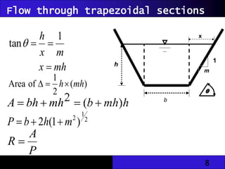 8
h
mh
b
mh
bh
A )
(
2 



2
1
2
)
1
(
2 m
h
b
P 


θ
h
b
m
1
m
x
h 1
tan 


mh
x 
)
(
2
1
of
Area mh
h


Flow through trapezoidal sections
P
A
R 
x
 
