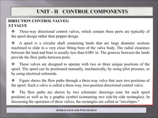 DIRECTION CONTROL VALVES:
3/2 VALVE
 Three-way directional control valves, which contain three ports are typically of
the spool design rather than poppet design.
 A spool is a circular shaft containing lands that are large diameter sections
machined to slide in a very close fitting bore of the valve body. The radial clearance
between the land and bore is usually less than 0.001 in. The grooves between the lands
provide the flow paths between ports.
 These valves are designed to operate with two or three unique positions of the
spool. The spool can be positioned manually, mechanically, by using pilot pressure, or
by using electrical solenoids.
 Figure shows the flow paths through a three-way valve that uses two positions of
the spool. Such a valve is called a three-way, two-position directional control valve.
 The flow paths are shown by two schematic drawings (one for each spool
position) as well as by a graphic symbol (containing two side-by-side rectangles). In
discussing the operation of these valves, the rectangles are called as "envelopes."
HYDRAULICS AND PNEUMATICS
 