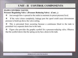 FLOW CONTROL VALVES
Pressure Regulating Valve : (Pressure Reducing Valve) (Cont…)
 Just enough flow is passed to the outlet to maintain its preset pressure level.
 If the valve closes completely, leakage past the spool could cause downstream
pressure to build up above the valve setting.
 This is prevented from occurring because a continuous bleed to the tank is
permitted via a separate drain line to the tank.
 Figure also provides the graphic symbol for a pressure-reducing valve. Observe
that the symbol shows that the spring cavity has a drain to the tank.
HYDRAULICS AND PNEUMATICS
 