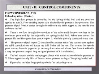 FLOW CONTROL VALVES
Unloading Valve: (Cont…)
 The high-flow poppet is controlled by the spring-loaded ball and the pressure
applied to port X. Flow entering at port A is blocked by the poppet at low pressures. The
pressure signal from A passes through the orifice in the main poppet to the topside area
and on to the ball.
 There is no flow through these sections of the valve until the pressure rises to the
maximum permitted by the adjustable set spring-loaded ball. When that occurs the
poppet lifts and flow goes from port A to port B, which is typically connected to the tank.
 The pressure signal to port X (sustained by another part of the system) acts against
the solid control piston and forces the ball farther off the seat. This causes the topside
press sure on the main poppet to go to a very low value and allows flow from A to B with
a very low pressure drop as long as signal pressure at X is maintained.
 The ball reseats, and the main poppet closes with a snap action when the pressure at
X falls to approximately 90% of the maximum pressure setting of the spring-loaded ball.
 Figure also includes the graphic symbol of an unloading valve.
HYDRAULICS AND PNEUMATICS
 