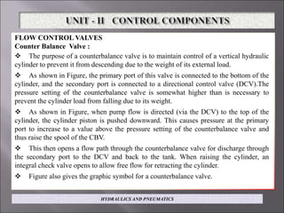 FLOW CONTROL VALVES
Counter Balance Valve :
 The purpose of a counterbalance valve is to maintain control of a vertical hydraulic
cylinder to prevent it from descending due to the weight of its external load.
 As shown in Figure, the primary port of this valve is connected to the bottom of the
cylinder, and the secondary port is connected to a directional control valve (DCV).The
pressure setting of the counterbalance valve is somewhat higher than is necessary to
prevent the cylinder load from falling due to its weight.
 As shown in Figure, when pump flow is directed (via the DCV) to the top of the
cylinder, the cylinder piston is pushed downward. This causes pressure at the primary
port to increase to a value above the pressure setting of the counterbalance valve and
thus raise the spool of the CBV.
 This then opens a flow path through the counterbalance valve for discharge through
the secondary port to the DCV and back to the tank. When raising the cylinder, an
integral check valve opens to allow free flow for retracting the cylinder.
 Figure also gives the graphic symbol for a counterbalance valve.
HYDRAULICS AND PNEUMATICS
 