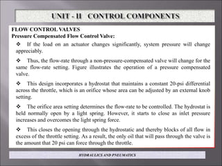 FLOW CONTROL VALVES
Pressure Compensated Flow Control Valve:
 If the load on an actuator changes significantly, system pressure will change
appreciably.
 Thus, the flow-rate through a non-pressure-compensated valve will change for the
same flow-rate setting. Figure illustrates the operation of a pressure compensated
valve.
 This design incorporates a hydrostat that maintains a constant 20-psi differential
across the throttle, which is an orifice whose area can be adjusted by an external knob
setting.
 The orifice area setting determines the flow-rate to be controlled. The hydrostat is
held normally open by a light spring. However, it starts to close as inlet pressure
increases and overcomes the light spring force.
 This closes the opening through the hydrostatic and thereby blocks of all flow in
excess of the throttle setting. As a result, the only oil that will pass through the valve is
the amount that 20 psi can force through the throttle.
HYDRAULICS AND PNEUMATICS
 