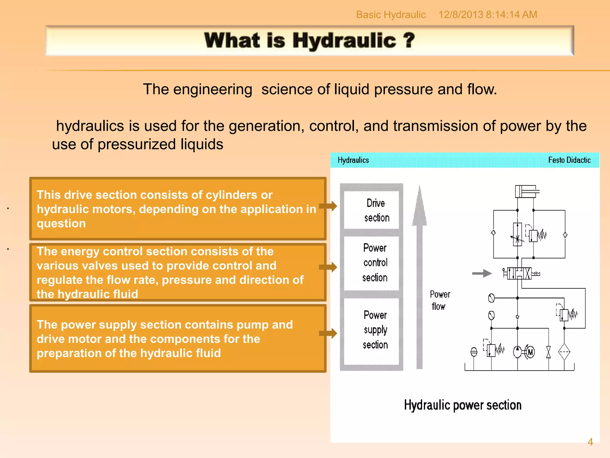 Basic Hydraulic

12/8/2013 8:14:14 AM

The engineering science of liquid pressure and flow.
hydraulics is used for the generation, control, and transmission of power by the
use of pressurized liquids

.
.

This drive section consists of cylinders or
hydraulic motors, depending on the application in
question
The energy control section consists of the
various valves used to provide control and
regulate the flow rate, pressure and direction of
the hydraulic fluid
The power supply section contains pump and
drive motor and the components for the
preparation of the hydraulic fluid

4

 