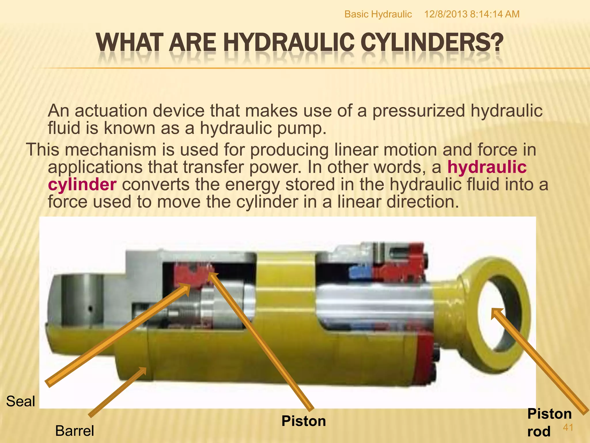 Basic Hydraulic

12/8/2013 8:14:14 AM

WHAT ARE HYDRAULIC CYLINDERS?
An actuation device that makes use of a pressurized hydraulic
fluid is known as a hydraulic pump.
This mechanism is used for producing linear motion and force in
applications that transfer power. In other words, a hydraulic
cylinder converts the energy stored in the hydraulic fluid into a
force used to move the cylinder in a linear direction.

Seal
Barrel

Piston

Piston
rod 41

 