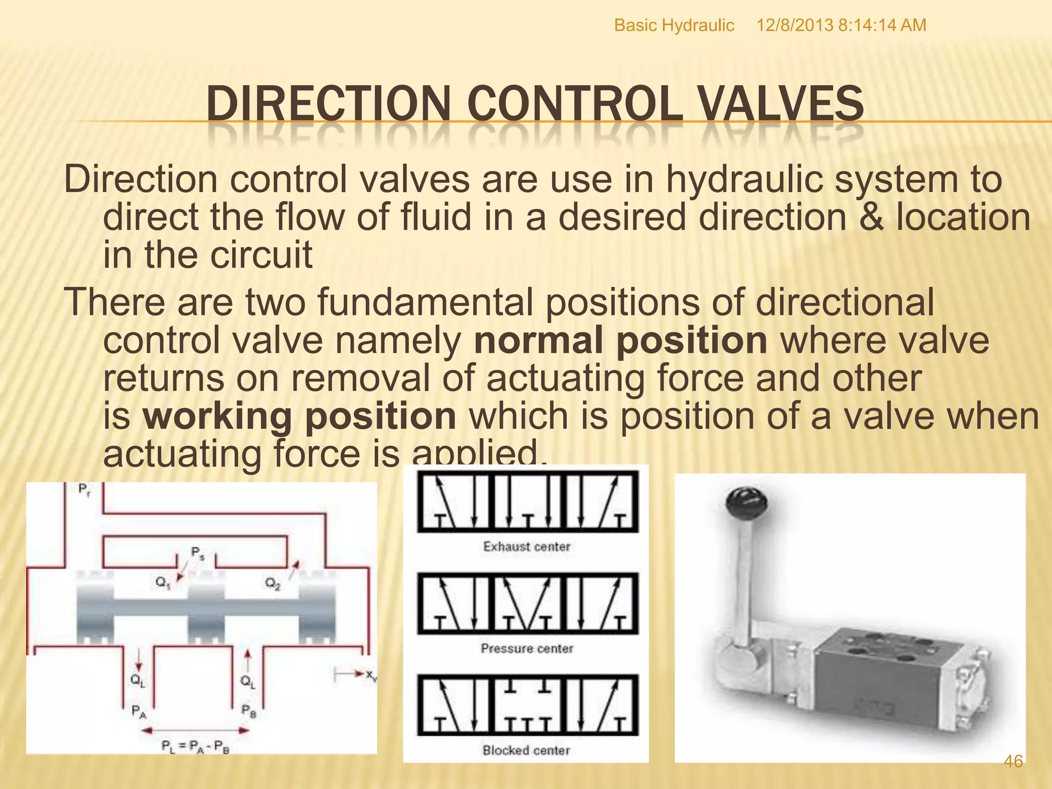 Basic Hydraulic

12/8/2013 8:14:14 AM

DIRECTION CONTROL VALVES
Direction control valves are use in hydraulic system to
direct the flow of fluid in a desired direction & location
in the circuit
There are two fundamental positions of directional
control valve namely normal position where valve
returns on removal of actuating force and other
is working position which is position of a valve when
actuating force is applied.

46

 
