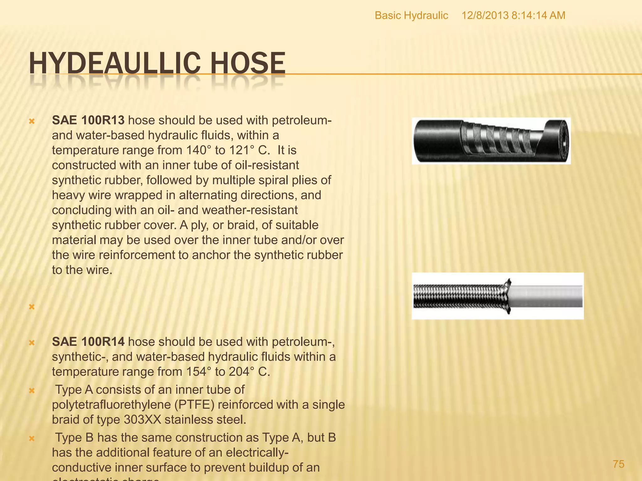 Basic Hydraulic

12/8/2013 8:14:14 AM

HYDEAULLIC HOSE


SAE 100R13 hose should be used with petroleumand water-based hydraulic fluids, within a
temperature range from 140° to 121° C. It is
constructed with an inner tube of oil-resistant
synthetic rubber, followed by multiple spiral plies of
heavy wire wrapped in alternating directions, and
concluding with an oil- and weather-resistant
synthetic rubber cover. A ply, or braid, of suitable
material may be used over the inner tube and/or over
the wire reinforcement to anchor the synthetic rubber
to the wire.









SAE 100R14 hose should be used with petroleum-,
synthetic-, and water-based hydraulic fluids within a
temperature range from 154° to 204° C.
Type A consists of an inner tube of
polytetrafluorethylene (PTFE) reinforced with a single
braid of type 303XX stainless steel.
Type B has the same construction as Type A, but B
has the additional feature of an electricallyconductive inner surface to prevent buildup of an

75

 