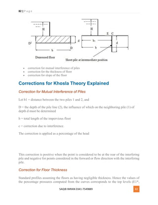 82 | P a g e
SAQIB IMRAN 0341-7549889 82
 correction for mutual interference of piles
 correction for the thickness of floor
 correction for slope of the floor
Corrections for Khosla Theory Explained
Correction for Mutual Interference of Piles
Let b1 = distance between the two piles 1 and 2, and
D = the depth of the pile line (2), the influence of which on the neighboring pile (1) of
depth d must be determined
b = total length of the impervious floor
c = correction due to interference.
The correction is applied as a percentage of the head
This correction is positive when the point is considered to be at the rear of the interfering
pile and negative for points considered in the forward or flow direction with the interfering
pile.
Correction for Floor Thickness
Standard profiles assuming the floors as having negligible thickness. Hence the values of
the percentage pressures computed from the curves corresponds to the top levels (E1*,
 