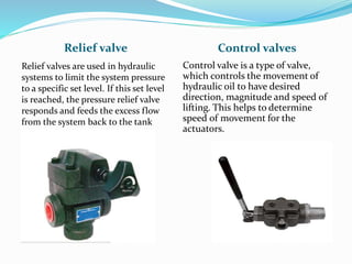 Relief valve Control valves
Relief valves are used in hydraulic
systems to limit the system pressure
to a specific set level. If this set level
is reached, the pressure relief valve
responds and feeds the excess flow
from the system back to the tank
Control valve is a type of valve,
which controls the movement of
hydraulic oil to have desired
direction, magnitude and speed of
lifting. This helps to determine
speed of movement for the
actuators.
 