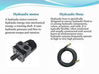 Hydraulic motor Hydraulic Hose
A hydraulic motor converts
hydraulic energy into mechanical
energy: a rotating shaft. It uses
hydraulic pressure and flow to
generate torque and rotation.
Hydraulic hose is specifically
designed to convey hydraulic fluid to
or among hydraulic components,
valves, actuators, and tools. It is
typically flexible, often reinforced
and usually constructed with several
layers of reinforcement since
hydraulic systems frequently operate
at high or very high pressures.
 