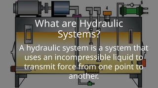 What are Hydraulic
Systems?
A hydraulic system is a system that
uses an incompressible liquid to
transmit force from one point to
another.
 