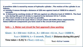 A machine slide is moved by means of hydraulic cylinder . The motion of the cylinder is as
follows,
a) Initially it moves through a distance of 250 mm against load at 15000 N in about 5
seconds.
b) It followed by working stroke of 100 mm against an effective load of 35000 N . The feed
rate during this part of stroke is required to be between 0.5 to 1 m/min.
c) The return stroke is to be as fast as possible.
A meter-out circuit to be used. Draw a circuit which will fulfils these requirements.
Select different components you have used in the circuit from given data .
Soln :- 1. Meter out circuit for fast approach slow working
Given:- X1 = 250 mm = 0.25 m , X2 = 100 mm = 0.1 m , Fext1 = 15000 N ,
Fext2 = 35000 N, t1 = 5 seconds, Vext1 = Distance during this part/
Time taken = 0.25/ 5 = Vext1 = 0.05 m/s ,
Vext2 = 0.5 to 1 m/min
 
