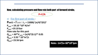 Now, calculating pressure and flow rate both part of forward stroke,
a) For first part of stroke :
Pext1 = Fext1/ AP = 15000/ (π/4)*(01)2
Pext1 = 19.10 *105 N/m2
Pext1 =19.10 bar
Flow rate for this part
Qext1 = AP*V ext1 = (π/4)*(0.1)2* 0.05
Qext1 = 3.93 * 10-4m3/s
Qext1= 23.56 lpm
P=F/A
 