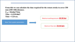 From this we can calculate the time required for the return stroke to cover 350
mm (250+100) distance.
V ret = Stroke/ Time
Time = 0.35/0.0667
Time = 5.24 sec.
Now from system parameters
Maximum working pressure= 44.56 bar
Maximum flow rate= 23.56 lpm
 