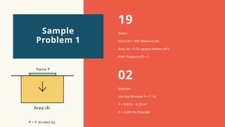 Given:
Force (F) = 500 Newtons (N)
Area (A) = 0.25 square meters (m²)
Find: Pressure (P) = ?
Solution:
Use the formula: P = F / A
P = 500 N ÷ 0.25 m²
P = 2,000 Pa (Pascals)
Sample
Problem 1
19
02
 