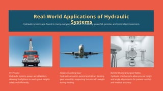 Fire Trucks
Hydraulic systems power aerial ladders,
allowing firefighters to reach great heights
safely and efficiently.
Airplane Landing Gear
Hydraulic actuators extend and retract landing
gear smoothly, supporting the aircraft's weight
during landing.
Dentist Chairs & Surgical Tables
Hydraulic mechanisms allow precise height
and angle adjustments for patient comfort
and medical accuracy.
Real-World Applications of Hydraulic
Systems
Hydraulic systems are found in many everyday machines — enabling powerful, precise, and controlled movement.
 