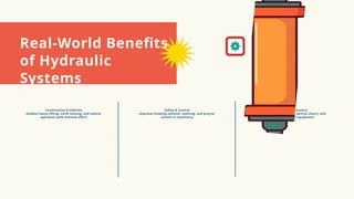 Real-World Benefits
of Hydraulic
Systems
Construction & Vehicles
Enables heavy lifting, earth moving, and vehicle
operation with minimal effort
Safety & Control
Improves braking systems, steering, and precise
control in machinery
Medical & Ergonomics
Facilitates surgical tables, dentist chairs, and
ergonomic medical equipment
 