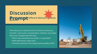 Think about your daily life and the machines around you.
Consider: construction, transportation, medicine, and safety.
Share your thoughts with the class:
• Which tasks would become harder or impossible?
• What alternatives might exist?
• How does hydraulic technology improve quality of life?
Discussion
Prompt
How Would Life Be Different Without Hydraulic
Systems?
 