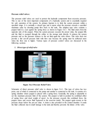 Pressure relief valves:
The pressure relief valves are used to protect the hydraulic components from excessive pressure.
This is one of the most important components of a hydraulic system and is essentially required
for safe operation of the system. Its primary function is to limit the system pressure within a
specified range. It is normally a closed type and it opens when the pressure exceeds a specified
maximum value by diverting pump flow back to the tank. The simplest type valve contains a
poppet held in a seat against the spring force as shown in Figure 5.6.1. The fluid enters from the
opposite side of the poppet. When the system pressure exceeds the preset value, the poppet lifts
and the fluid is escaped through the orifice to the storage tank directly. It reduces the system
pressure and as the pressure reduces to the set limit again the valve closes. This valve does not
provide a flat cut-off pressure limit with flow rate because the spring must be deflected more
when the flow rate is higher. Various types of pressure control valves are discussed in the
following sections:
1. Direct type of relief valve
Figure 5.6.1 Pressure Relief Valve
Schematic of direct pressure relief valve is shown in figure 5.6.1. This type of valves has two
ports; one of which is connected to the pump and another is connected to the tank. It consists of a
spring chamber where poppet is placed with a spring force. Generally, the spring is adjustable to
set the maximum pressure limit of the system. The poppet is held in position by combined effect
of spring force and dead weight of spool. As the pressure exceeds this combined force, the
poppet raises and excess fluid bypassed to the reservoir (tank). The poppet again reseats as the
pressure drops below the pre-set value. A drain is also provided in the control chamber. It sends
the fluid collected due to small leakage to the tank and thereby prevents the failure of the valve.
 