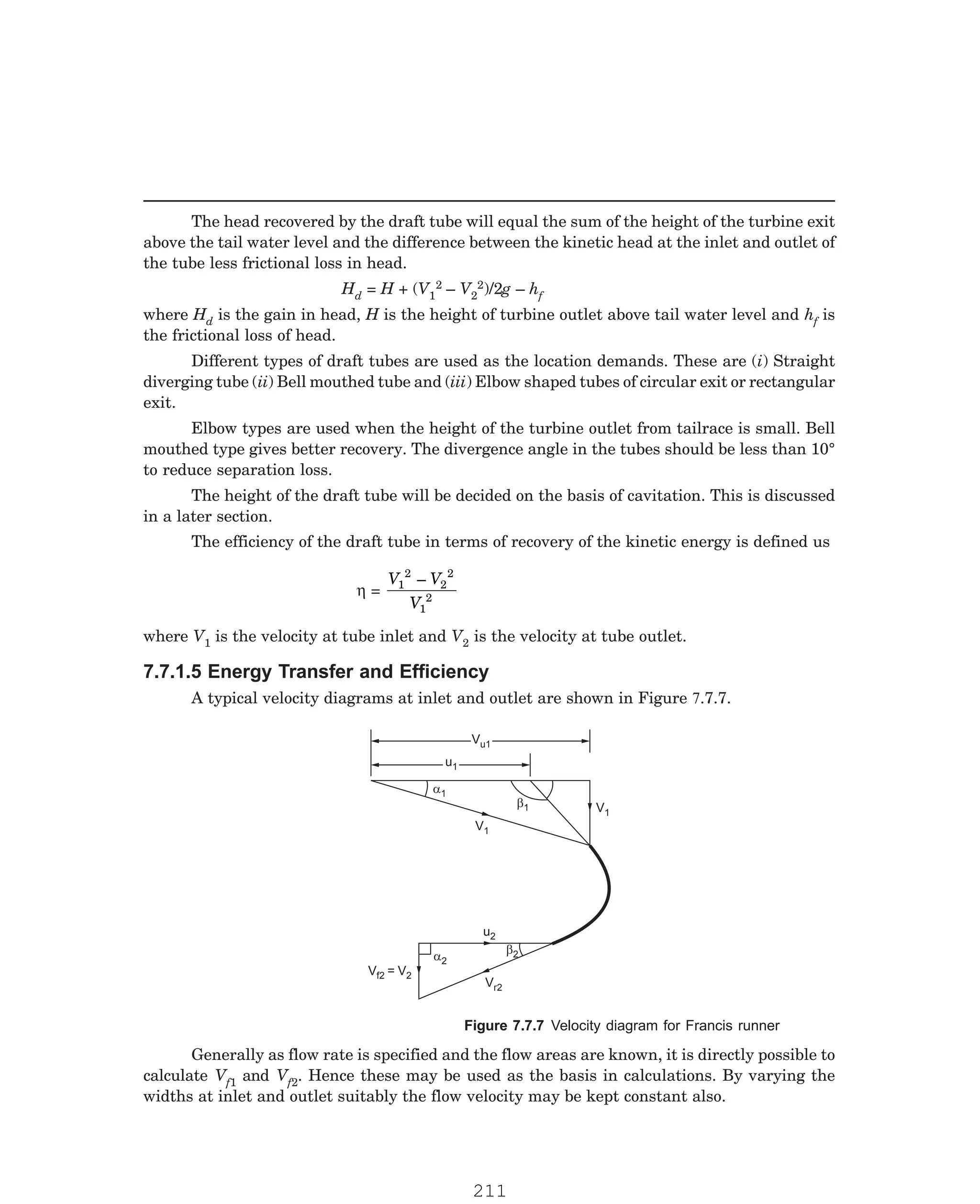 P-2D:N-fluidFlu14-2.pm5
The head recovered by the draft tube will equal the sum of the height of the turbine exit
above the tail water level and the difference between the kinetic head at the inlet and outlet of
the tube less frictional loss in head.
Hd = H + (V1
2 – V2
2)/2g – hf
where Hd is the gain in head, H is the height of turbine outlet above tail water level and hf is
the frictional loss of head.
Different types of draft tubes are used as the location demands. These are (i) Straight
diverging tube (ii) Bell mouthed tube and (iii) Elbow shaped tubes of circular exit or rectangular
exit.
Elbow types are used when the height of the turbine outlet from tailrace is small. Bell
mouthed type gives better recovery. The divergence angle in the tubes should be less than 10°
to reduce separation loss.
The height of the draft tube will be decided on the basis of cavitation. This is discussed
in a later section.
The efficiency of the draft tube in terms of recovery of the kinetic energy is defined us
η =
V V
V
1
2
2
2
1
2
–
where V1 is the velocity at tube inlet and V2 is the velocity at tube outlet.
Vu1
Vu1
u1
u1
V1
V1
b1
a1
b2
u2
a2
V 2
r
V 2
f 2
= V
Generally as flow rate is specified and the flow areas are known, it is directly possible to
calculate Vf1 and Vf2. Hence these may be used as the basis in calculations. By varying the
widths at inlet and outlet suitably the flow velocity may be kept constant also.
7.7.1.5 Energy Transfer and Efficiency
A typical velocity diagrams at inlet and outlet are shown in Figure 7.7.7.
Figure 7.7.7 Velocity diagram for Francis runner
211
 