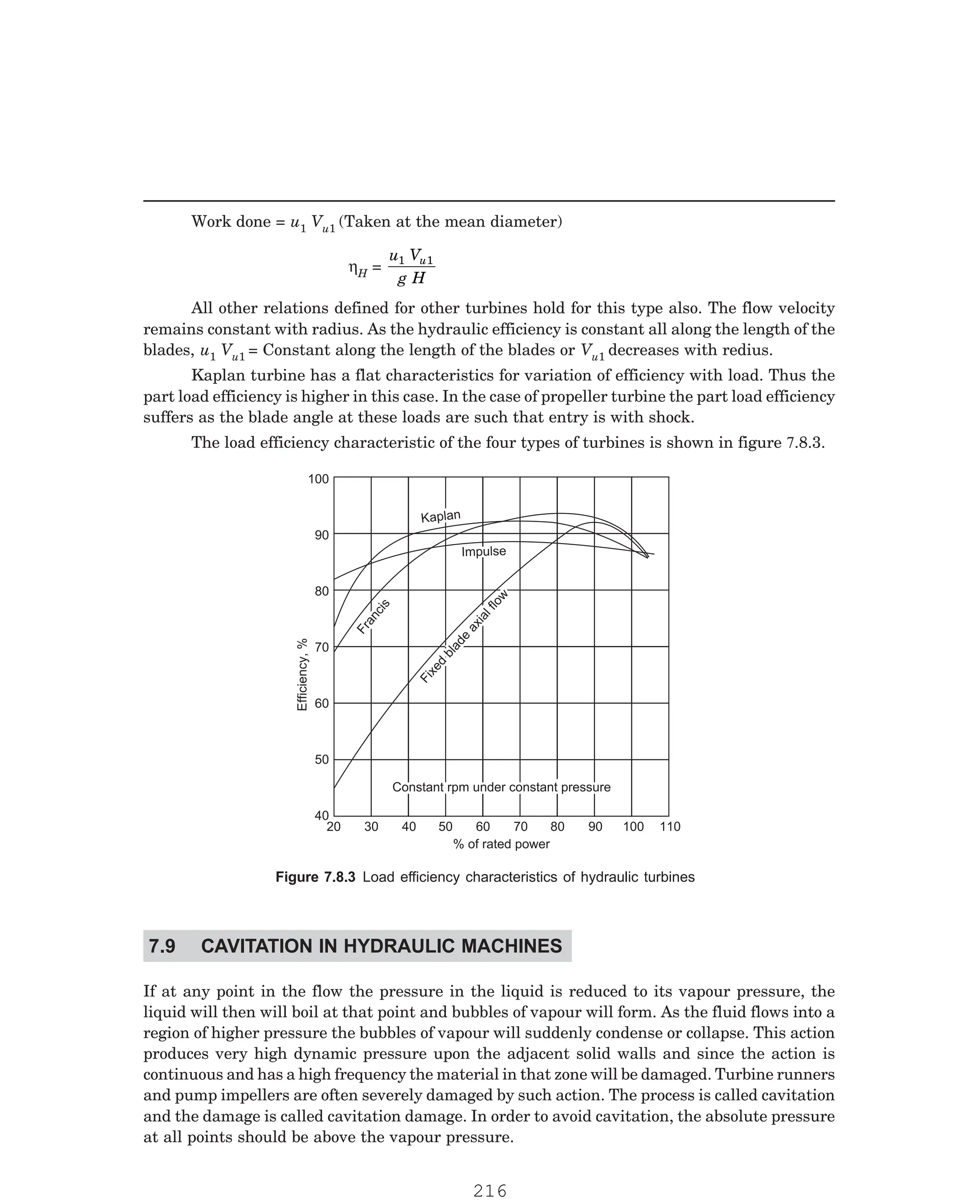 P-2D:N-fluidFlu14-2.pm5
Work done = u1 Vu1 (Taken at the mean diameter)
ηH =
u V
g H
u
1 1
All other relations defined for other turbines hold for this type also. The flow velocity
remains constant with radius. As the hydraulic efficiency is constant all along the length of the
blades, u1 Vu1 = Constant along the length of the blades or Vu1 decreases with redius.
Kaplan turbine has a flat characteristics for variation of efficiency with load. Thus the
part load efficiency is higher in this case. In the case of propeller turbine the part load efficiency
suffers as the blade angle at these loads are such that entry is with shock.
Kaplan
Kaplan
Impulse
Impulse
F
r
a
n
c
i
s
F
r
a
n
c
i
s
F
i
x
e
d
b
l
a
d
e
a
x
i
a
l
f
l
o
w
F
i
x
e
d
b
l
a
d
e
a
x
i
a
l
f
l
o
w
Constant rpm under constant pressure
Constant rpm under constant pressure
20 30 40 50 60 70 80 90 100 110
% of rated power
100
90
80
70
60
50
40
Efficiency,
%
If at any point in the flow the pressure in the liquid is reduced to its vapour pressure, the
liquid will then will boil at that point and bubbles of vapour will form. As the fluid flows into a
region of higher pressure the bubbles of vapour will suddenly condense or collapse. This action
produces very high dynamic pressure upon the adjacent solid walls and since the action is
continuous and has a high frequency the material in that zone will be damaged. Turbine runners
and pump impellers are often severely damaged by such action. The process is called cavitation
and the damage is called cavitation damage. In order to avoid cavitation, the absolute pressure
at all points should be above the vapour pressure.
The load efficiency characteristic of the four types of turbines is shown in figure 7.8.3.
Figure 7.8.3 Load efficiency characteristics of hydraulic turbines
7.9 CAVITATION IN HYDRAULIC MACHINES
216
 