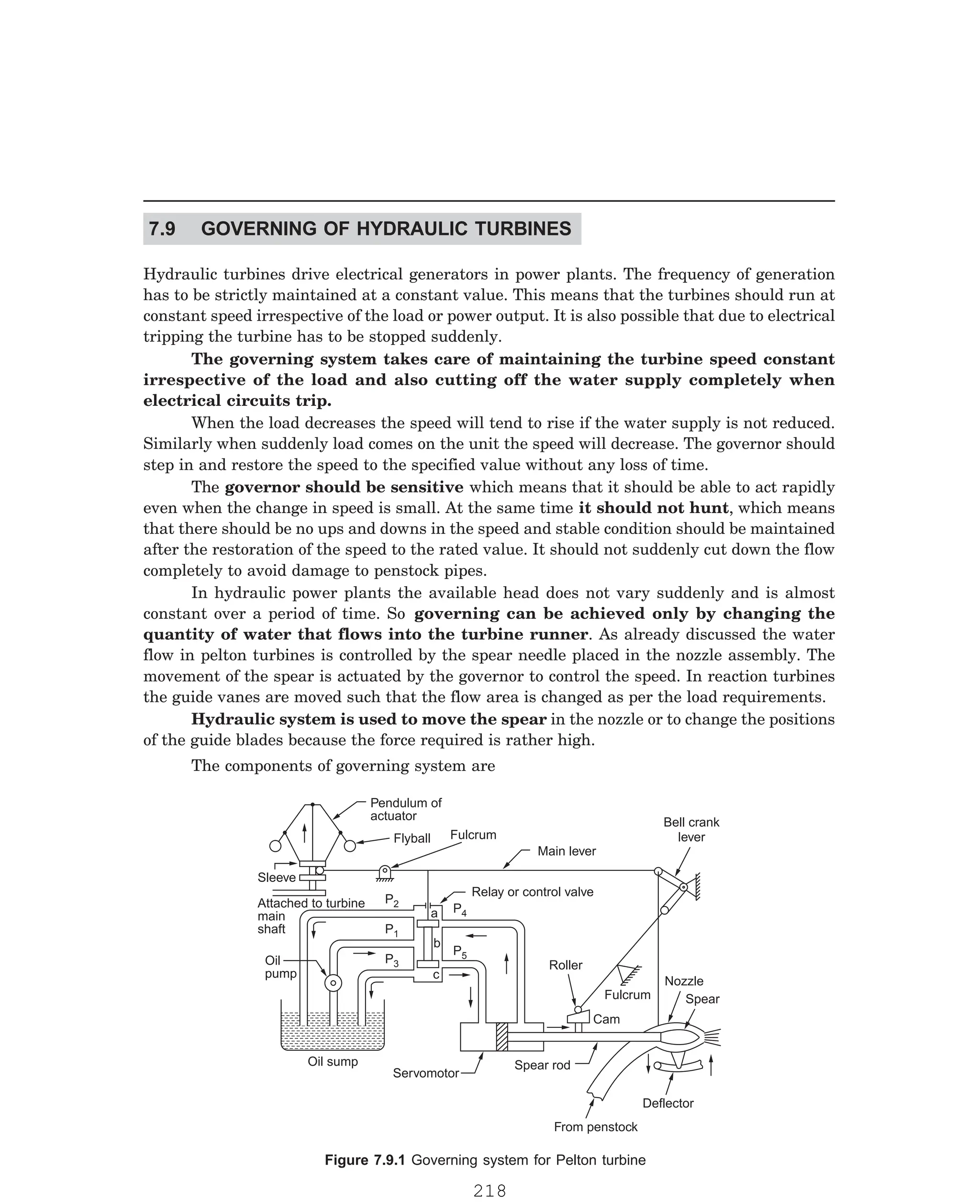 P-2D:N-fluidFlu14-2.pm5
Hydraulic turbines drive electrical generators in power plants. The frequency of generation
has to be strictly maintained at a constant value. This means that the turbines should run at
constant speed irrespective of the load or power output. It is also possible that due to electrical
tripping the turbine has to be stopped suddenly.
The governing system takes care of maintaining the turbine speed constant
irrespective of the load and also cutting off the water supply completely when
electrical circuits trip.
When the load decreases the speed will tend to rise if the water supply is not reduced.
Similarly when suddenly load comes on the unit the speed will decrease. The governor should
step in and restore the speed to the specified value without any loss of time.
The governor should be sensitive which means that it should be able to act rapidly
even when the change in speed is small. At the same time it should not hunt, which means
that there should be no ups and downs in the speed and stable condition should be maintained
after the restoration of the speed to the rated value. It should not suddenly cut down the flow
completely to avoid damage to penstock pipes.
In hydraulic power plants the available head does not vary suddenly and is almost
constant over a period of time. So governing can be achieved only by changing the
quantity of water that flows into the turbine runner. As already discussed the water
flow in pelton turbines is controlled by the spear needle placed in the nozzle assembly. The
movement of the spear is actuated by the governor to control the speed. In reaction turbines
the guide vanes are moved such that the flow area is changed as per the load requirements.
Hydraulic system is used to move the spear in the nozzle or to change the positions
of the guide blades because the force required is rather high.
The components of governing system are
Pendulum of
actuator
Flyball Fulcrum
Sleeve
Attached to turbine
main
shaft
Oil
pump
P2
P1
P3
a
b
c
P4
P5
Relay or control valve
Roller
Main lever
Bell crank
lever
Fulcrum
Cam
Nozzle
Spear
Deflector
Spear rod
From penstock
Servomotor
Oil sump
7.9 GOVERNING OF HYDRAULIC TURBINES
Figure 7.9.1 Governing system for Pelton turbine
218
 