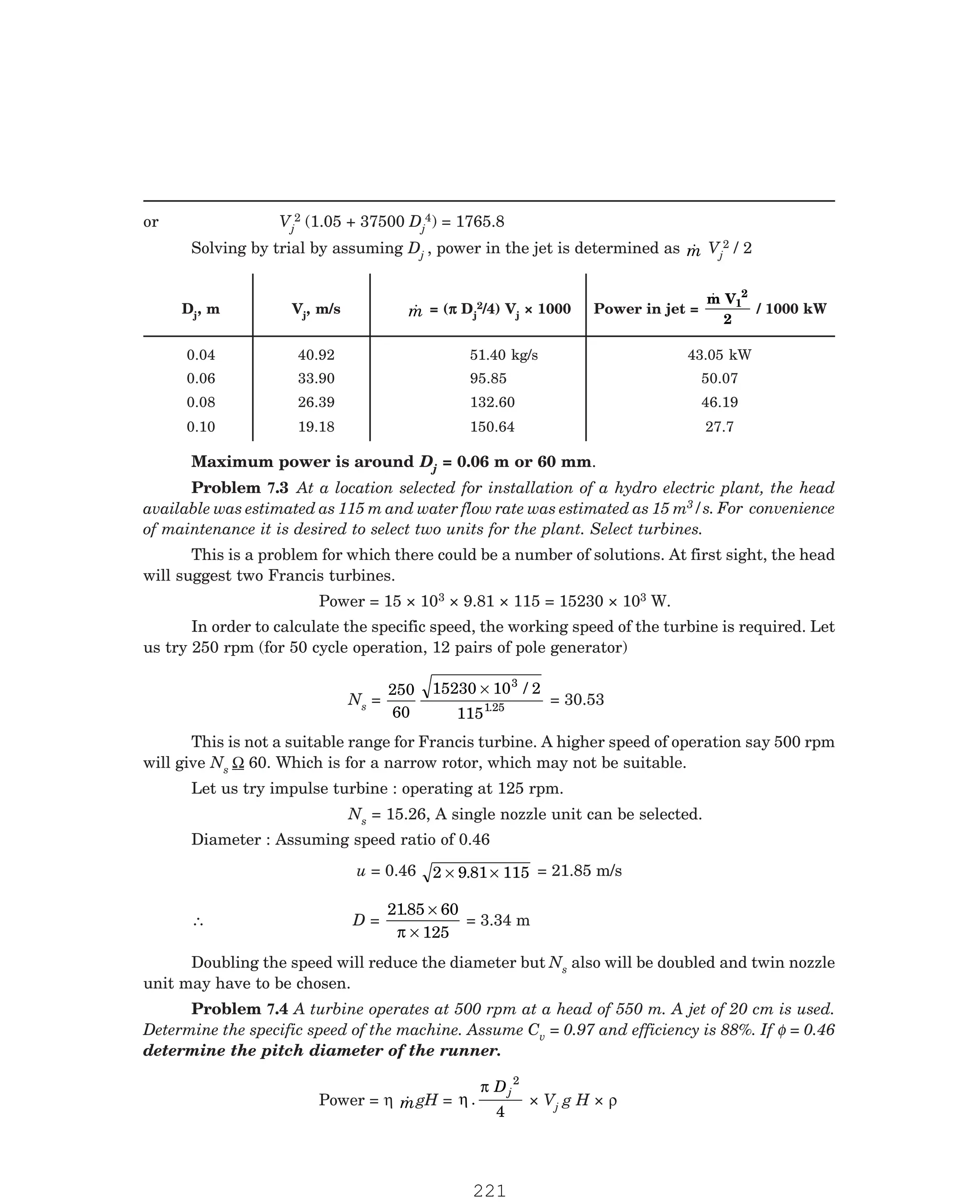 P-2D:N-fluidFlu14-2.pm5
or Vj
2 (1.05 + 37500 Dj
4) = 1765.8
Solving by trial by assuming Dj , power in the jet is determined as 
m Vj
2 / 2
Dj, m Vj, m/s 
m = (π
π
π
π
π Dj
2/4) Vj × 1000 Power in jet =

m V
2
1
2
/ 1000 kW
0.04 40.92 51.40 kg/s 43.05 kW
0.06 33.90 95.85 50.07
0.08 26.39 132.60 46.19
0.10 19.18 150.64 27.7
Maximum power is around Dj = 0.06 m or 60 mm.
3/s. For convenience
of maintenance it is desired to select two units for the plant. Select turbines.
This is a problem for which there could be a number of solutions. At first sight, the head
will suggest two Francis turbines.
Power = 15 × 103 × 9.81 × 115 = 15230 × 103 W.
In order to calculate the specific speed, the working speed of the turbine is required. Let
us try 250 rpm (for 50 cycle operation, 12 pairs of pole generator)
Ns =
250
60
15230 10 2
115
3
1
× /
.25
= 30.53
This is not a suitable range for Francis turbine. A higher speed of operation say 500 rpm
will give Ns Ω 60. Which is for a narrow rotor, which may not be suitable.
Let us try impulse turbine : operating at 125 rpm.
Ns = 15.26, A single nozzle unit can be selected.
Diameter : Assuming speed ratio of 0.46
u = 0.46 2 9 81 115
× ×
. = 21.85 m/s
∴ D =
2185 60
125
. ×
×
π
= 3.34 m
Doubling the speed will reduce the diameter but Ns also will be doubled and twin nozzle
unit may have to be chosen.
v = 0.97 and efficiency is 88%. If φ = 0.46
determine the pitch diameter of the runner.
Power = η 
mgH = η
π
.
Dj
2
4
× Vj g H × ρ
Problem 7.3 At a location selected for installation of a hydro electric plant, the head
available was estimated as 115 m and water flow rate was estimated as 15 m
Problem 7.4 A turbine operates at 500 rpm at a head of 550 m. A jet of 20 cm is used.
Determine the specific speed of the machine. Assume C
221
 