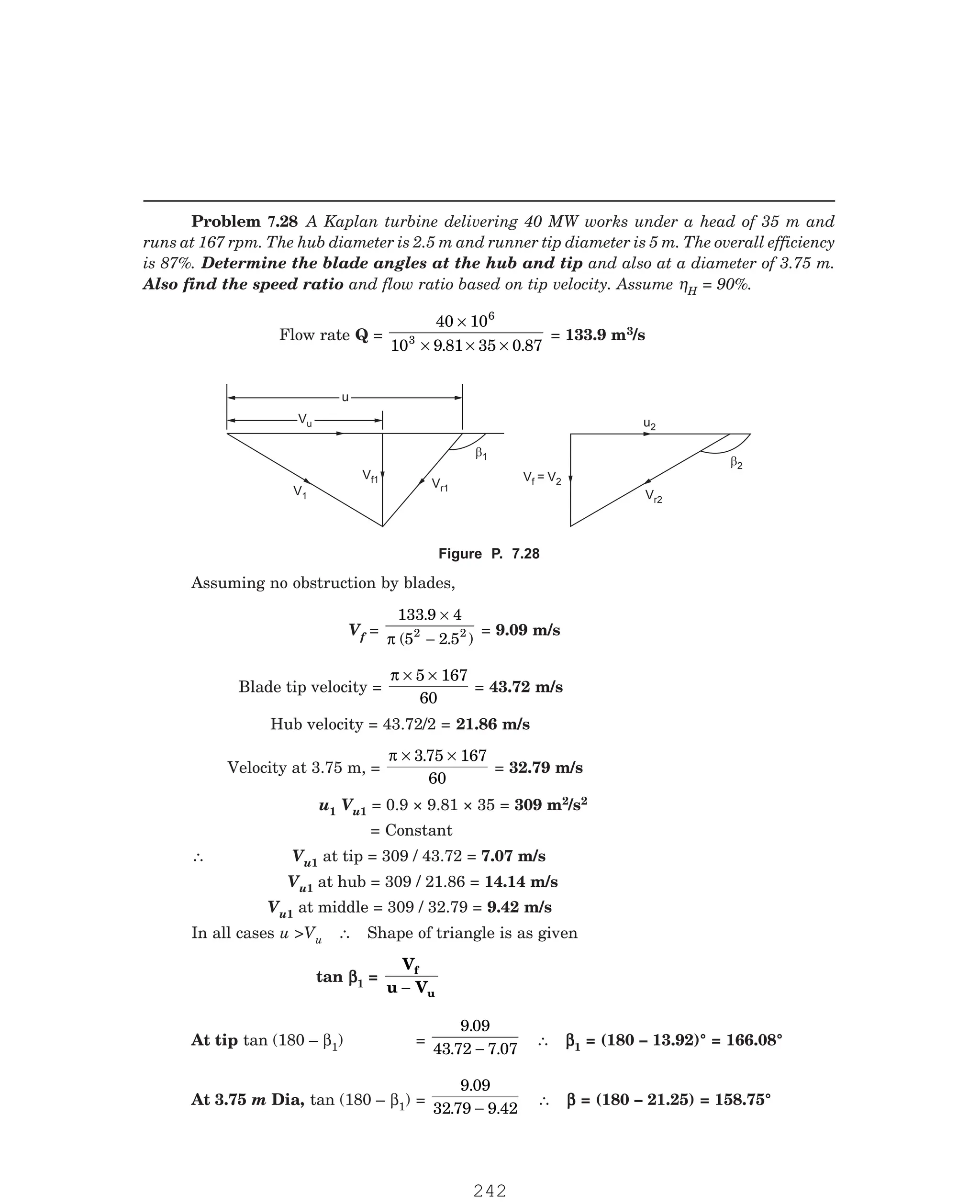 P-2D:N-fluidFlu14-4.pm5
H = 90%.
Flow rate Q =
40 10
10 9 81 35 0 87
6
3
×
× × ×
. .
= 133.9 m3/s
u
u
Vf1 Vr1
V1
Vu
Vu
b1
Vf 2
= V
u2
Vr2
b2
Vf =
133 9 4
5 2 5
2 2
.
( . )
×
−
π
= 9.09 m/s
Blade tip velocity =
π × ×
5 167
60
= 43.72 m/s
Hub velocity = 43.72/2 = 21.86 m/s
Velocity at 3.75 m, =
π × ×
3 75 167
60
.
= 32.79 m/s
u1 Vu1 = 0.9 × 9.81 × 35 = 309 m2/s2
= Constant
∴ Vu1 at tip = 309 / 43.72 = 7.07 m/s
Vu1 at hub = 309 / 21.86 = 14.14 m/s
Vu1 at middle = 309 / 32.79 = 9.42 m/s
In all cases u Vu ∴ Shape of triangle is as given
tan β
β
β
β
β1 =
V
u V
f
u
−
At tip tan (180 – β1) =
9 09
43 72 7 07
.
. .
−
∴ β
β
β
β
β1 = (180 – 13.92)° = 166.08°
At 3.75 m Dia, tan (180 – β1) =
9 09
32 79 9 42
.
. .
−
∴ β
β
β
β
β = (180 – 21.25) = 158.75°
Problem 7.28 A Kaplan turbine delivering 40 MW works under a head of 35 m and
runs at 167 rpm. The hub diameter is 2.5 m and runner tip diameter is 5 m. The overall efficiency
is 87%. Determine the blade angles at the hub and tip and also at a diameter of 3.75 m.
Also find the speed ratio and flow ratio based on tip velocity. Assume η
Figure P. 7.28
Assuming no obstruction by blades,
242
 