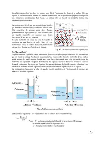 6
Les phénomènes observés dans ces images sont dûs à l’existance des forces à la surface libre du
liquide, c’est la tension de surface. La tension superficielle est un phénomène physico-chimique lié
aux interactions moléculaires d'un fluide. La surface libre du liquide se comporte comme une
membrane élastique tendue.
La tension superficielle est une propriété des liquides
qui permet de maintenir en équilibre leur surface libre.
Elle caractérise le contact entre deux fluides,
généralement un liquide et un gaz. Une molécule dans
un liquide immobile est soumise aux forces
d'attraction de ses proches voisines.
Si cette molécule est située au sein du liquide, la
résultante de ces forces est nulle. Mais si cette
molécule est située en surface du liquide, la résultante
est une force dirigée vers l'intérieur du liquide.
Fig. 1.4 : Schéma de la tension superficielle
1.3.5 La capillarité
Le phénomène de capillarité est un phénomène d'interaction qui regroupe l'ensemble des phénomènes
qui ont lieu à la surface d'un liquide au contact d'une paroi solide. Donc les molécules d’une surface
solide attirent les molécules du liquide avec une force plus grande que celle qui existe entre les
molécules du liquide (à l’exeption du mercure). Le liquide s’élève au-dessus du niveau de l’eau ou
descend en-dessous du niveau en fonction des caractéristiques du liquide (masse volumique), en
fonction du diamètre de tube capillaire, et en fonction de la tension superficielle de ce liquide.
La surélévation d’eau dans le tube est appelée montée capillaire, et l’abaissement de mercure est
appelée la descente capillaire.
Fig. 1.5 : Phénomène de capillarité
La hauteur de capillarité « h » est déterminé par la formule de Jurin (en mètres) :
Avec, ϴ : angle de contact entre le liquide et la surface solide en degré
σ : tension superficielle du liquide (N/m²)
d : diamètre interne de tube capillaire (m)
Adhésion > Cohésion Adhésion < Cohésion
 