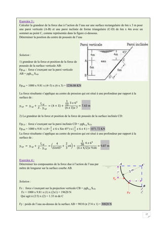17
Exercice 3 :
Calculer la grandeur de la force due à l’action de l’eau sur une surface rectangulaire de 6m x 3 m pour
une paroi verticale (A-B) et une paroi inclinée de forme triangulaire (C-D) de 6m x 4m avec un
sommet au point C, comme représentée dans la figure ci-dessous.
Déterminer la position du centre de poussée de l’eau
Solution :
1) grandeur de la force et position de la force de
poussée de la surface verticale AB:
FpAB : force s’exerçant sur la paroi verticale
AB = ρghc.g SAB
FpAB = 1000 x 9.81 x (4+3) x (6 x 3) = 1236.06 KN
La force résultante s’applique au centre de pression qui est situé à une profondeur par rapport à la
surface de :
2) La grandeur de la force et position de la force de poussée de la surface inclinée CD:
FpCD : force s’exerçant sur la paroi inclinée CD = ρghc.g SCD
FpAB = 1000 x 9.81 x (4+ x Sin 45°) x ( ) = 1071.72 KN
La force résultante s’applique au centre de pression qui est situé à une profondeur par rapport à la
surface de :
Exercice 4 :
Déterminer les composantes de la force due à l’action de l’eau par
mètre de longueur sur la surface courbe AB.
Solution :
Fx : force s’exerçant sur la projection verticale CB = ρghc.g SCB
Fx = 1000 x 9.81 x (1) x (2x1) = 19620 N
Qui agit à (2/3) x (2) = 1.33 m de C
Fy : poids de l’eau au-dessus de la surface AB = 9810 (π 2²/4 x 1) = 30820 N
 